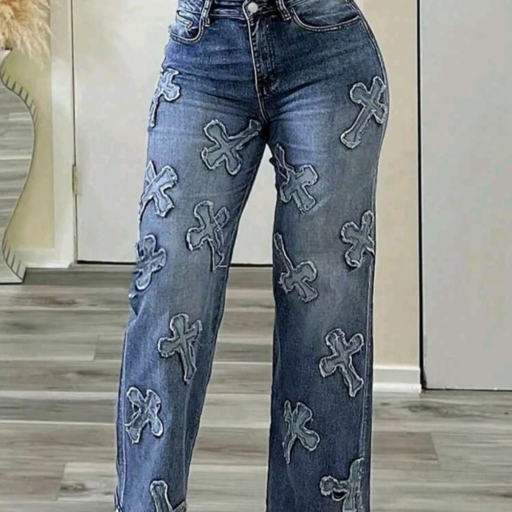 Stylish Blue Women's Jeans with Cross Stitching